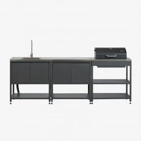 Kuchnia Modułowa Zewnętrzna 3-częściowa Ze Zlewem, Schowkiem I Węglowym Grillem Ze Stali Savona Grafitowa Szarość & Szary Szczotkowany Rintran - Sklum