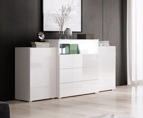 Komoda 150 cm do salonu z LED – nowoczesna stojąca z 3 szufladami, korpus biały mat, fronty biały połysk