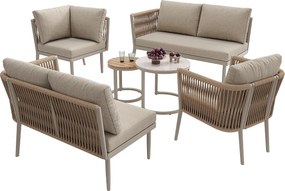 Salon ogrodowy, zestaw mebli na 5-6 osób, z rattanu PE, lin, z żelaza ocynkowanego, kanapa narożna, 2 stoliki kawowe, Beżowy