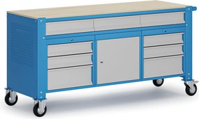 Mobilny stół warsztatowy G9, 1 szafka, 9 szuflad, 1690 x 595 x 865-1130 mm, szary/niebieski
