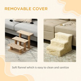 PawHut Składana Drabinka dla Zwierząt Domowych, 3 Stopnie, Pokrycie z Pluszu, Płyta Wiórowa, 46 x 35 x 35 cm, Beżowa