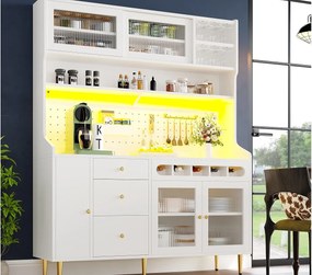 Kredens kuchenny 145x39x171 cm - z oświetleniem LED - 4 drzwi szklane - 3 szuflady - z panelem perforowanym - biały