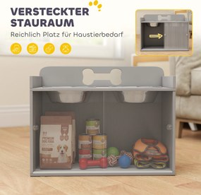 PawHut Podwyższona stacja karmienia z 2 miskami i szafką, MDF, stal nierdzewna, motyw kości, szary