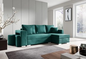 Narożnik tapicerowany OLIVIA 243x143 cm zielony z funkcją spania z pojemnikiem