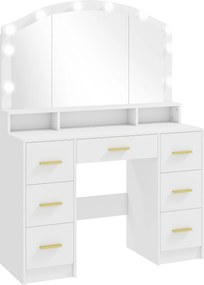 HOMCOM Toaletka z 10 lampami LED w stylu Hollywood, lustro, 7 szuflad, 3 przegrody, MDF, biała