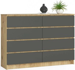 Komoda AKORD K140 Dąb Artisan 138 cm 8 szuflad kolor Grafit Szary mat 138x40x99 cm