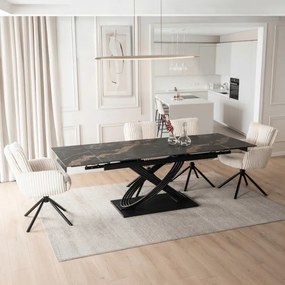 Zestaw Stół Rozkładany IBIZA 160-240 cm Czarny Marmur i 4 Krzesła Tapicerowane JUNE Kremowe Sztruksowe