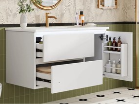 Wiszący mebel łazienkowy 91x46,5x50,5 cm - z ceramiczna umywalką - z oświetleniem LED - 2 szuflady i 1 drzwi - Biały