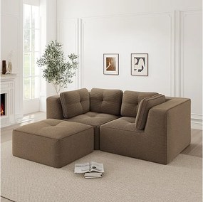 Canapé d'angle modulable, avec pouf et coussins, en velours côtelé, Marron, 208x177x69cm