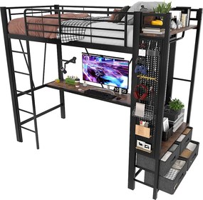 Łóżko piętrowe 90×200 cm - z biurkiem + suszarką na ubrania - 4 szuflady - porty USB + TYPE-C - taśma LED - czarne