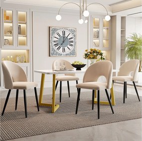 Zestaw stołowy 117 x 68 cm + 4 krzesła typu muszla - aksamitne i metalowe nogi - wzór diamentowy - beżowy