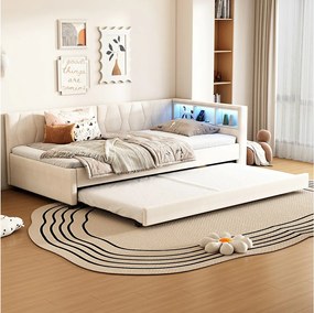 Sofa dziecięca rozkładana - 90 x 200 cm - pojemnik nad łóżkiem - z USB + LED - z wysuwanym łóżkiem 90 x 190 cm - len + płyta MDF - beżowa