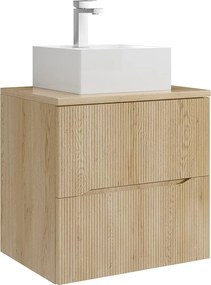 Szafka łazienkowa wisząca prążkowana z kwadratową umywalką nablatową i baterią – Jasny naturalny – 60 cm – ORISO