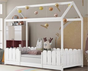 Łóżko domek 90x200cm z litego drewna - z ochroną przed upadkiem - Białe