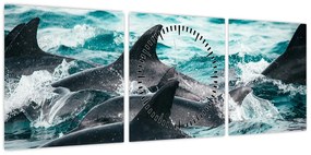 Obraz - Delfiny w oceanie (z zegarem) (90x30 cm)