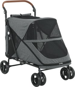 PawHut Wózek dla psa składany dla dużych psów do 30 kg z obrotowymi kołami 360°, siatkowymi oknami, poduszką i regulowanym uchwytem w kolorze szarym | Aosom PL