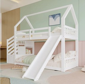 Łóżko piętrowe dla dzieci – 2 x 90 x 200 cm – ze schowkiem w schodach + zjeżdżalnia – sosna i płyta MDF – białe