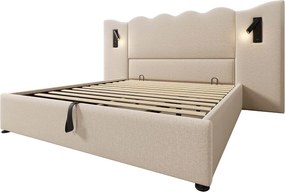 Łóżko z pojemnikiem 180x200 cm - z zagłówkiem, portami USB/typu C, stelaż z listew - len - beżowe - materac nie jest wliczony w cenę
