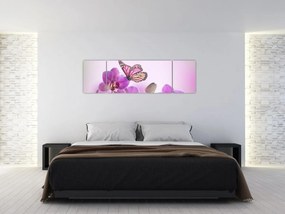 Obraz - Motyl na kwiatach orchidei, liliowy (170x50 cm)