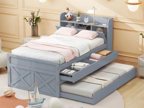 Łóżko piętrowe z litego drewna - 90x190cm - z 2 szufladami i portem USB na półce - Szary