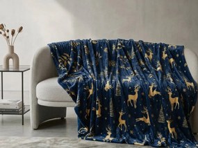 Świąteczny koc z mikropluszu GOLDEN DEER ciemnoniebieski Rozmiar: 200 x 220 cm