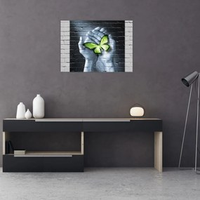 Obraz - Zielony motyl w ścianie (70x50 cm)