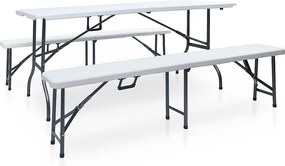 Składany stół ogrodowy z 2 ławkami, 180 cm, stal i HDPE, biały.