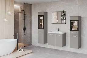 Komplet łazienkowy z LED, wiszące meble z umywalką, 2 słupki i lustro z półkami, szary pallad