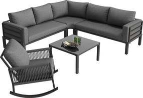 Modułowy Salon Ogrodowy 6 Osób z Kanapą Narożną i Fotelem Bujanym - Konstrukcja Metalowa i Pleciony Sznur - Stół Szklany - Szary