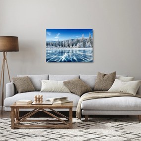 Obraz na szkle zamarzniętego jeziora i pokrytych śniegiem drzew (70x50 cm)