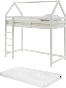 Łóżko domek na antresoli 90 x 190 cm – Drewno sosnowe – Białe + Materac – TARZIA