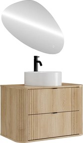 Szafka łazienkowa wisząca z okrągłą umywalką nablatową, baterią i lustrem - Jasny naturalny - 80 cm - FILOR