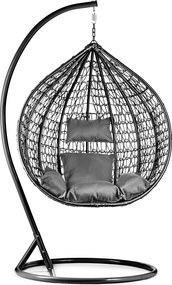 Czarne wiszące krzesło KOKON ze stojakiem, szara poduszka