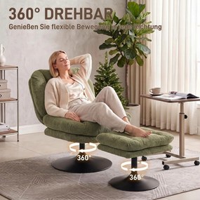 HOMCOM Fotel lounge z podnóżkiem, obracany 360°, z weluru Raindrop, regulowany podnóżek, Zielony | Aosom PL