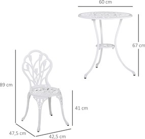 Outsunny Stylowy Zestaw Mebli Balkonowych 3-częściowy - Aluminium, Biały Kolor, 2 Krzesła, Stół z Otworem na Parasol