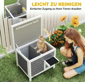 PawHut Domek dla kota Wodoodporny domek drewniany z uchylnym dachem Aluminiowe płyty izolacyjne Dach z asfaltu 61x51x53,5 cm | Aosom PL