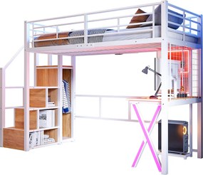 Łóżko antresola 90 x 200 cm z biurkiem, szafą, półkami - Oświetlenie ambientowe - Metal - Białe (bez materaca)