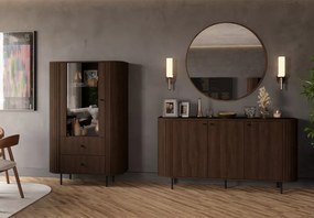 Komoda Opunio 3-drzwiowa z półkami – nowoczesna komoda do salonu beż piaskowy / dąb cremona / dąb dunin, metalowe nogi