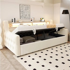 Leżanka 90x200 cm, łóżko dla dorosłych z miejscem do przechowywania, LED i portami USB – beżowy welur (bez materaca)