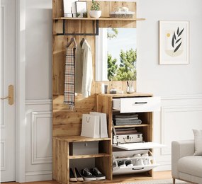 Szafa przedpokojowa 100×38,5×190 cm - z lustrem i półką na buty - z 1 szufladą i 2 przegródkami - biały + naturalny