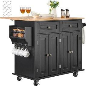 Wyspa kuchenna z szufladami, jednostka do przechowywania w kuchni, wózek na kółkach z szufladami i półkami, 90 cm, czarny