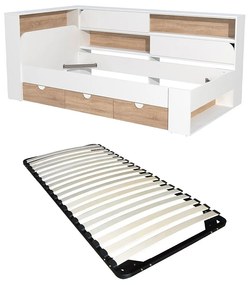 Łóżko 90 x 190 cm zz ze skrzynią  - Kolor: Biały i naturalny + Stelaż - TAMADU