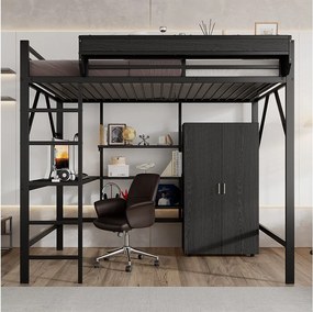 Łóżko piętrowe dla dzieci, żelazne, 140 x 200 cm, z szafą + biurkiem + półką - żelazo + płyta MDF - czarne