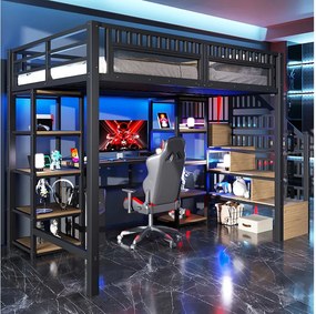 Łóżko piętrowe dla dzieci - 140 x 200 cm - rama żeliwna - z biurkiem + diody LED + port USB + półka + drabinka - metalowe - czarne