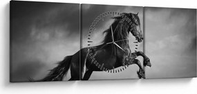 Obraz - Czarny i biały koń (z zegarem) (90x30 cm)