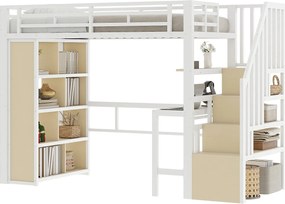Łóżko piętrowe dla dzieci - 90 x 200 cm - rama żeliwna - z biurkiem + regałem + oświetleniem LED + drabinką - metalowe - białe