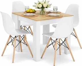 Biały stół z blatem dąb sonoma z białymi krzesłami 4 szt H3-L67