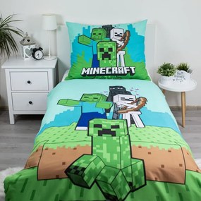 Zielono-niebieska bawełniana pościel dziecięca jednoosobowa 140x200 cm Minecraft "Mobs Here" – Jerry Fabrics