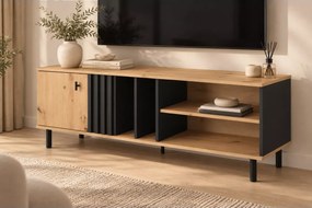 Szafka RTV Ruth II dąb artisan + czarny antracyt – elegancki stolik pod telewizor z lamelowym dekorem i otwartymi półkami
