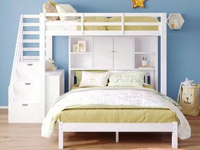 Łóżko piętrowe dla dzieci 90x200 cm + 140x200 cm - z schodami do przechowywania i ruchomym biurkiem - z drewna litego i MDF - Białe